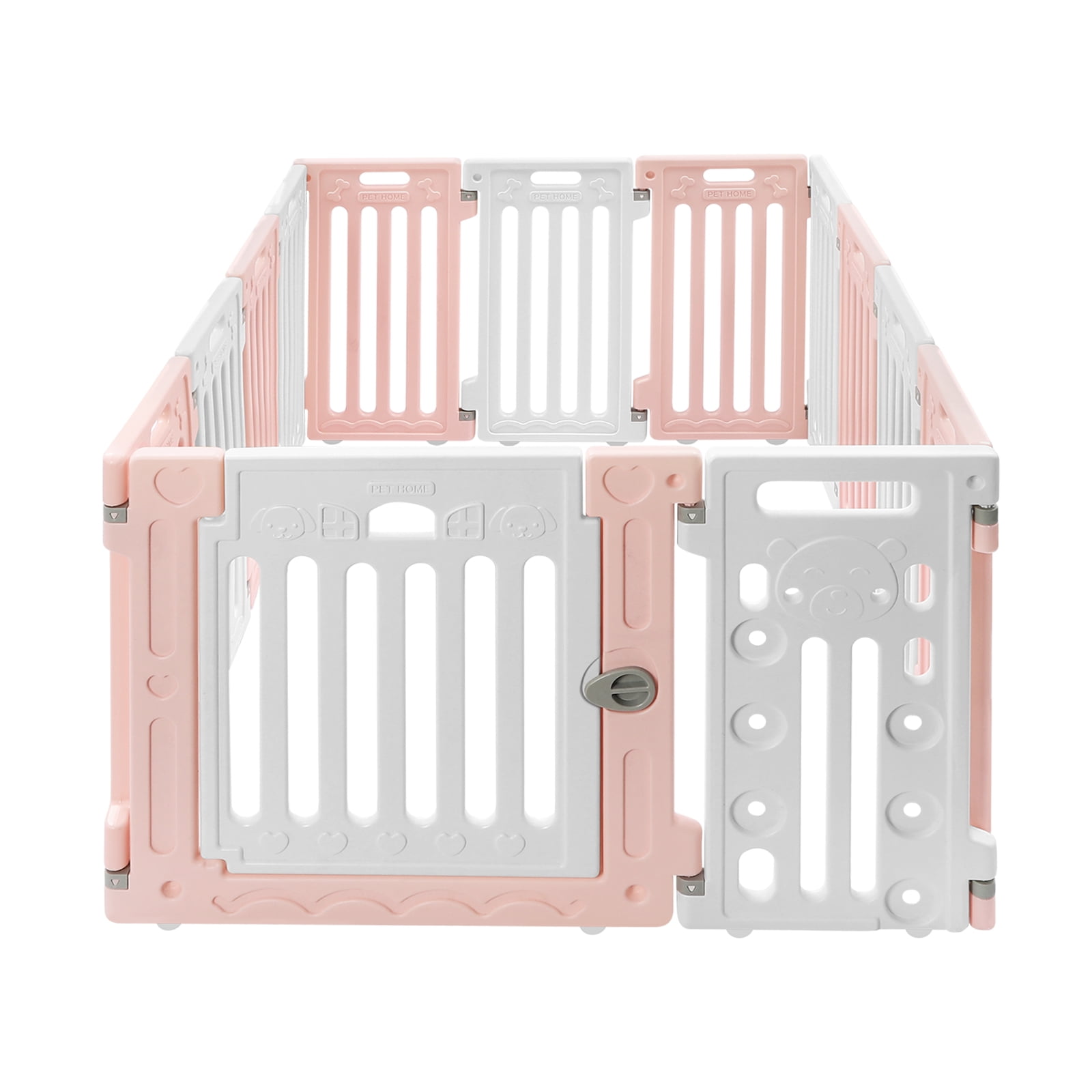 11-Panel Pet Playpen 53.5x40.5 Inch Pink & White Dog Fence with Door HDPE Puppy Play Yard, Indoor Enclosure