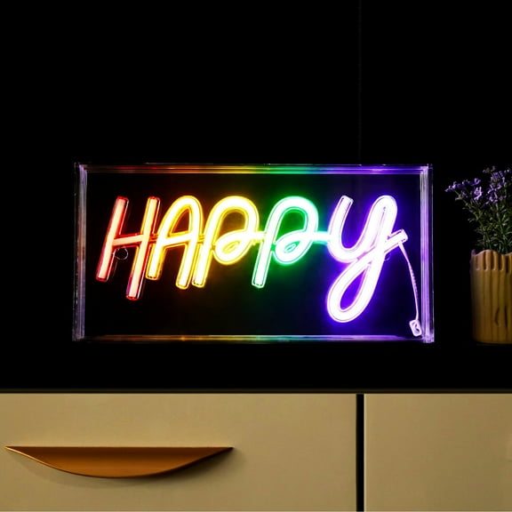 Urban Shop LED Neon Happy Light-up Clear Acrylic Box, Rainbow