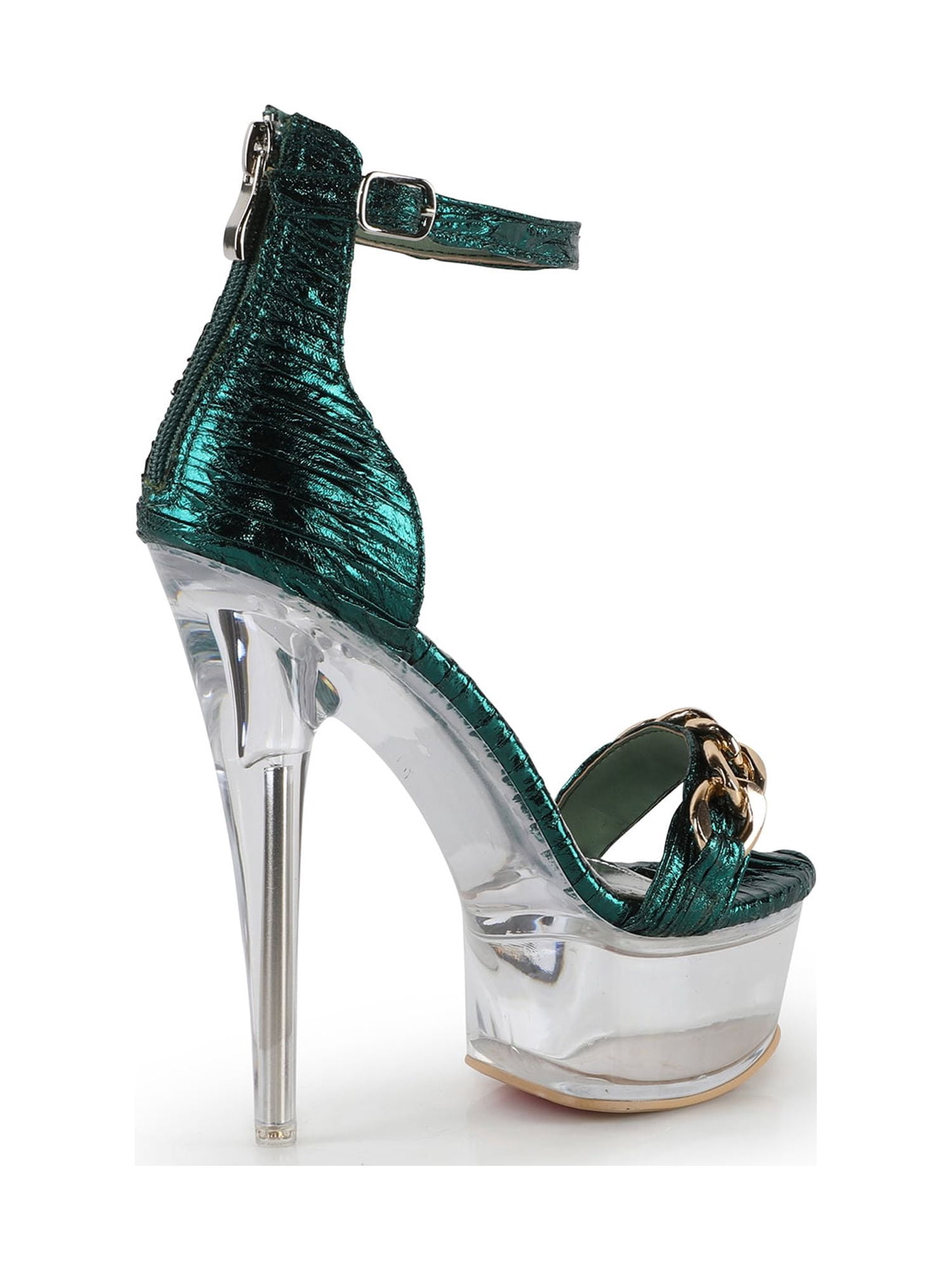 Sexy Chic Chain Accente Women's Clear Platform Sky High Ankle Strap Dancer Sandals