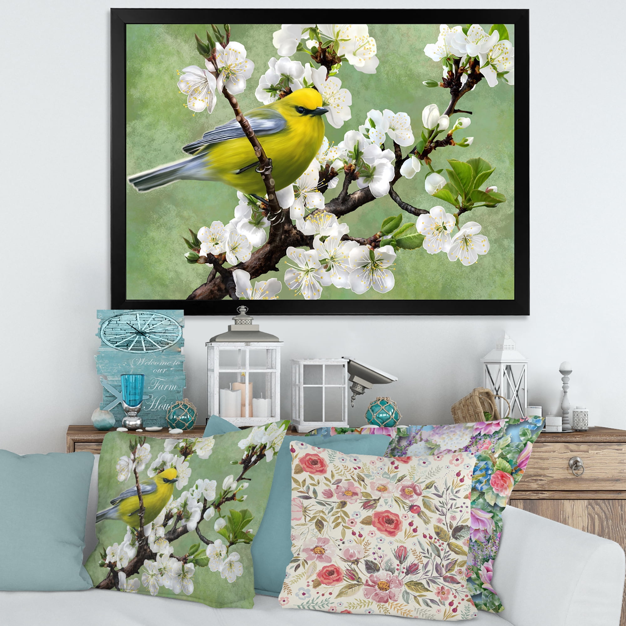 Designart 'Bird Sitting On A Branch of Cherry' Traditional Framed Art Print