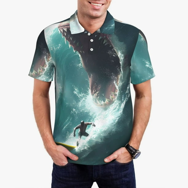 Fotbe Surfing Shark Camiseta Polo de Golf para Hombre con Estampado – Camisa Deportiva Transpirable con Cuello Abotonado-Large