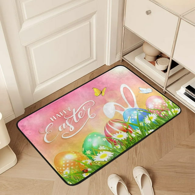 Decoraciones de Pascua, adornos de Pascua, felpudo de Pascua con diseño de conejito de Pascua y flores, suave, para exteriores e interiores, ideal para la entrada del hogar, la cocina y el baño.