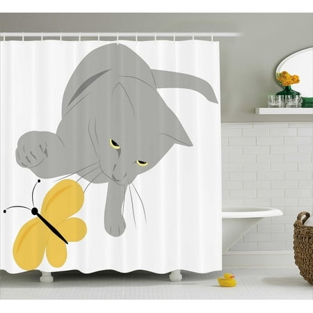 Grey and Yellow Shower Curtain, Cat Pet Feline Best Friend Playing with Spring Butterfly Print, Fabric Bathroom Set with Hooks, 69W X 84L Inches Extra Long, Black Marigold and Grey, by