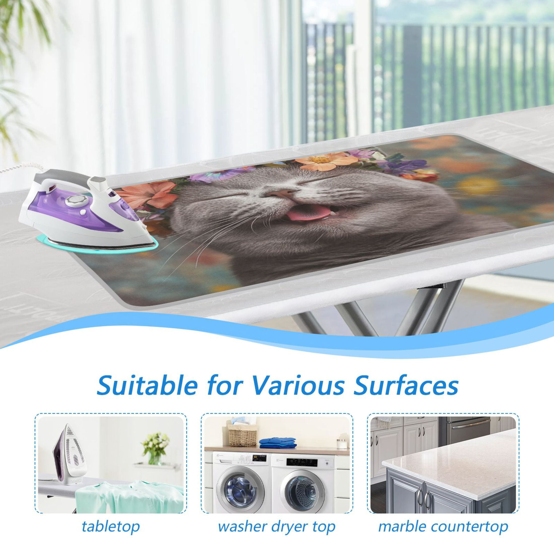 Happy Cat Wearing Garlands Ironing Mat Blanket Portable Travel Ironing Pad Heat Resistant Pad 47.2" x 27.6”