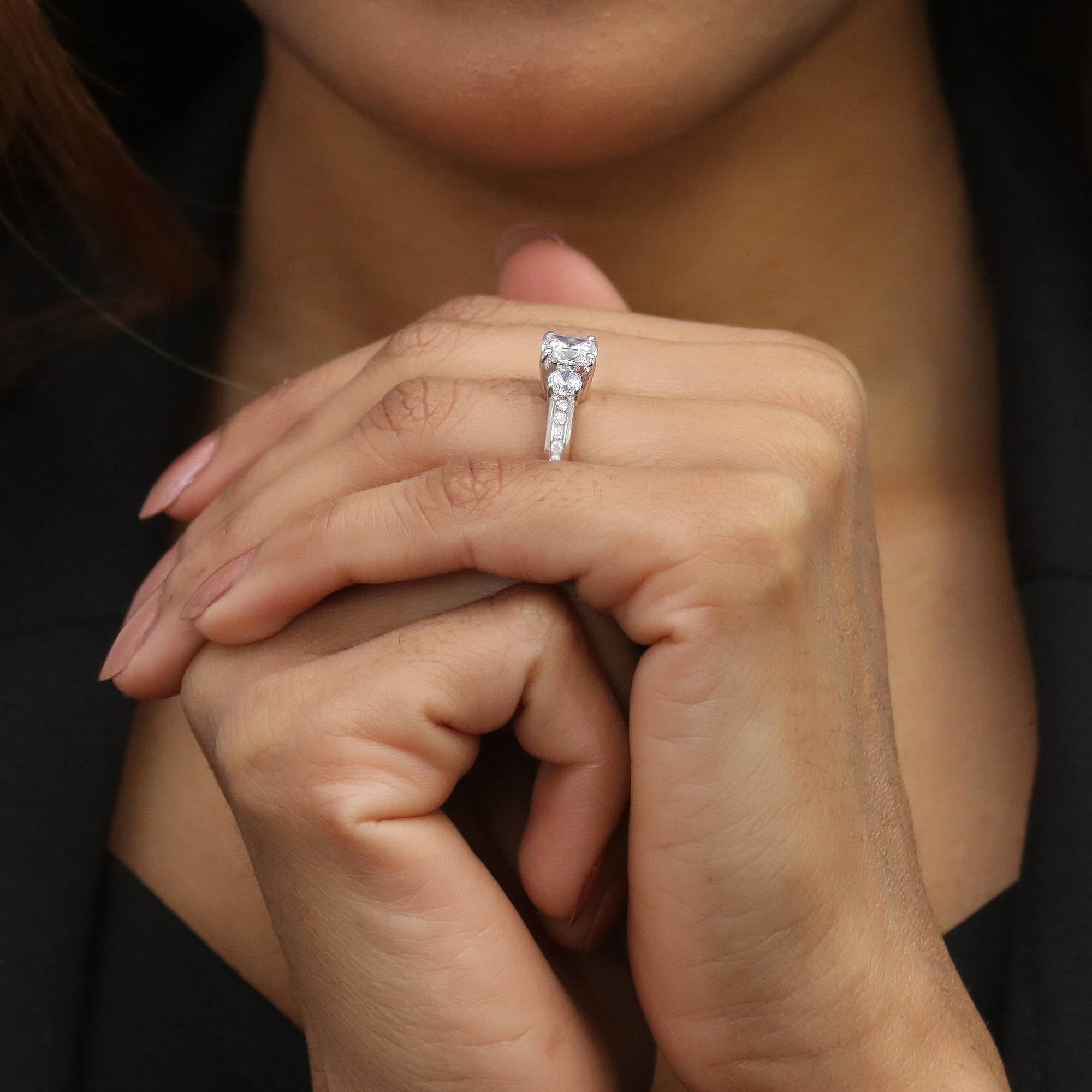 BERRICLE Sterling Silver 3-Stone Wedding Engagement Rings 1.5 Carat Cushion Cut Cubic Zirconia CZ Promise Ring for Women, Rhodium Plated Size 4.5