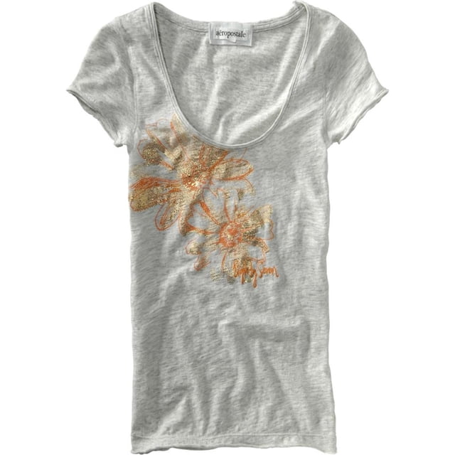Aeropostale - Playera gráfica con cuello ancho para mujer, gris, extragrande