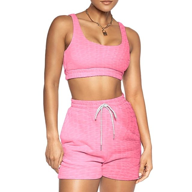 Leutsin Women Solid Color Yoga Clothes Sports Suit Vest Shorts Two Piece Set