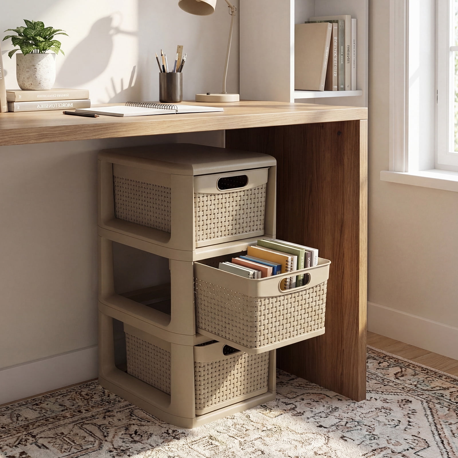 Costway 1 PCS 3-Drawer Storage Cabinet with Wicker Patterns, Handles for Bedroom, Bathroom Tan