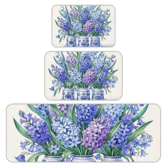 RKSupls Kitchen Rug Set 3 Piece Anti-Slip Flannel Floor Mats, Blue Hydrangea Wildflower Washable Absorbent Runner Mats for Kitchen Bathroom Home Decor