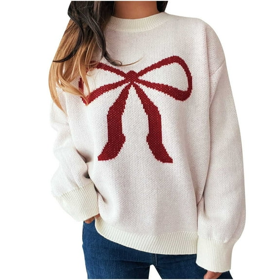 Alkepwun Women's Y2K Bow Print Cropped Sweater Casual Loose Fit Pullover Tops Long Sleeve Crew Neck Chunky Knit Jumpers