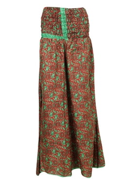 Mogul Women's Vintage Maxi Skirt Floral Print Red Smocked Waist Long Skirts