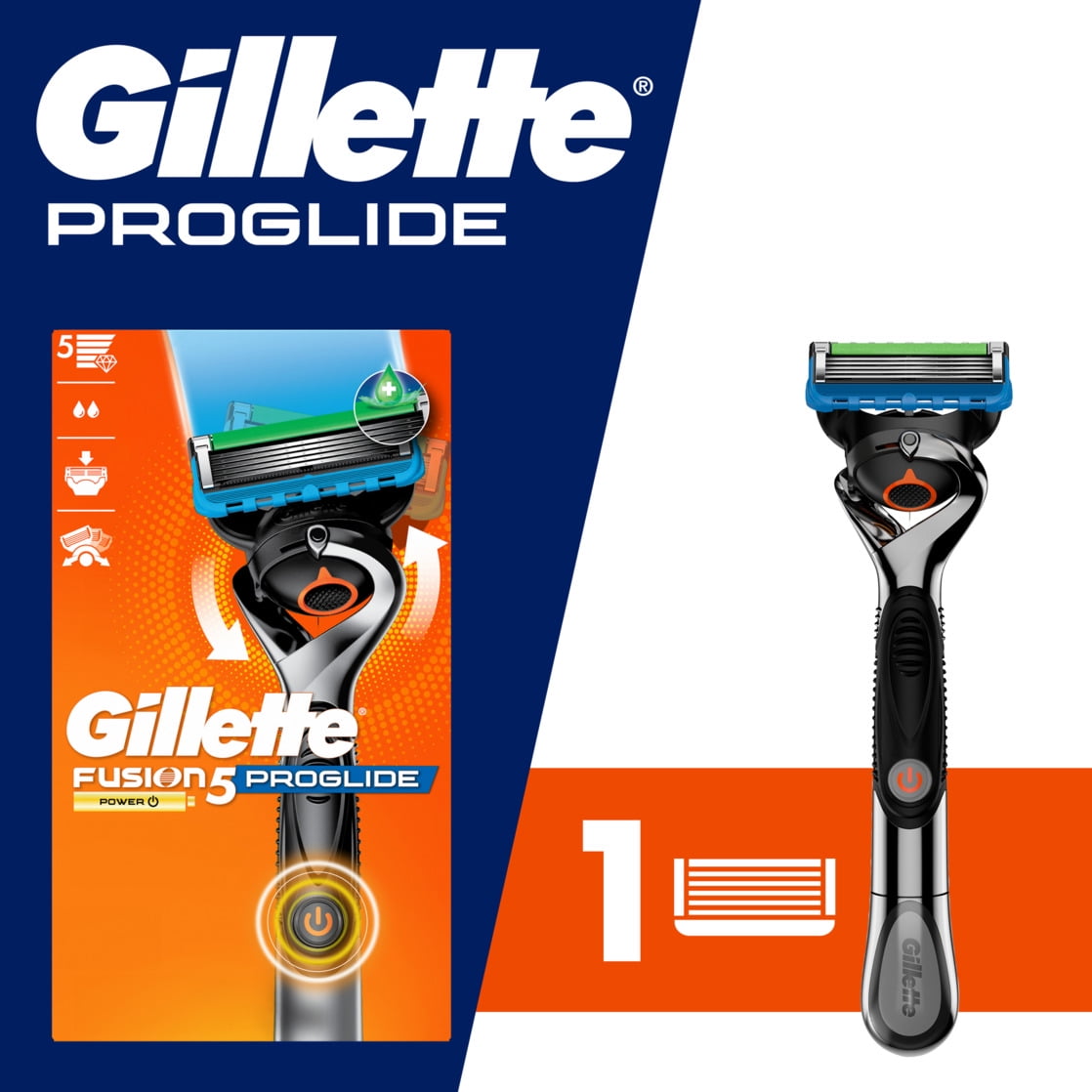 Gillette Pro Glide Power Men's Razor Handle + 1 Blade Refill, Blue