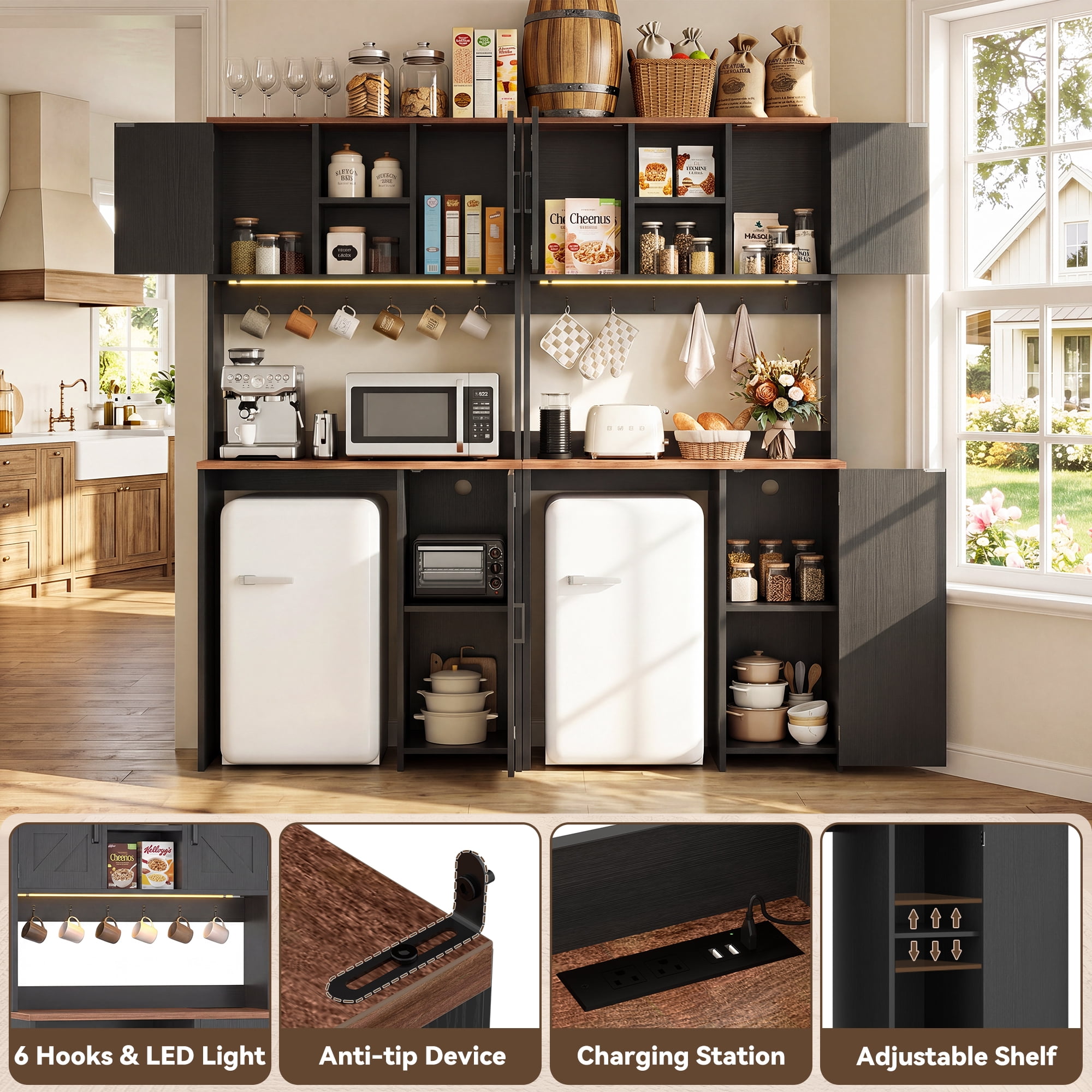Homieasy 2-Piece Beverage Station Set - Mini Fridge Cabinet & Coffee Bar with Charging Hub, LED Light, Microwave Shelf & Wine Storage, Perfect for Kitchen, Dorm & Office,Black
