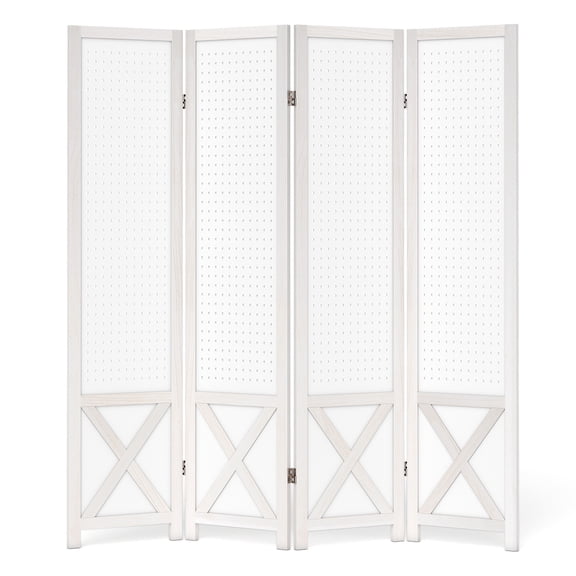 Patiojoy Folding Pegboard Room Divider 4-Panel Privacy Screen with Solid Wood Frame & Metal Hinges Freestanding Pegboard Display Stand for Home Store Craft Show White Set of 4