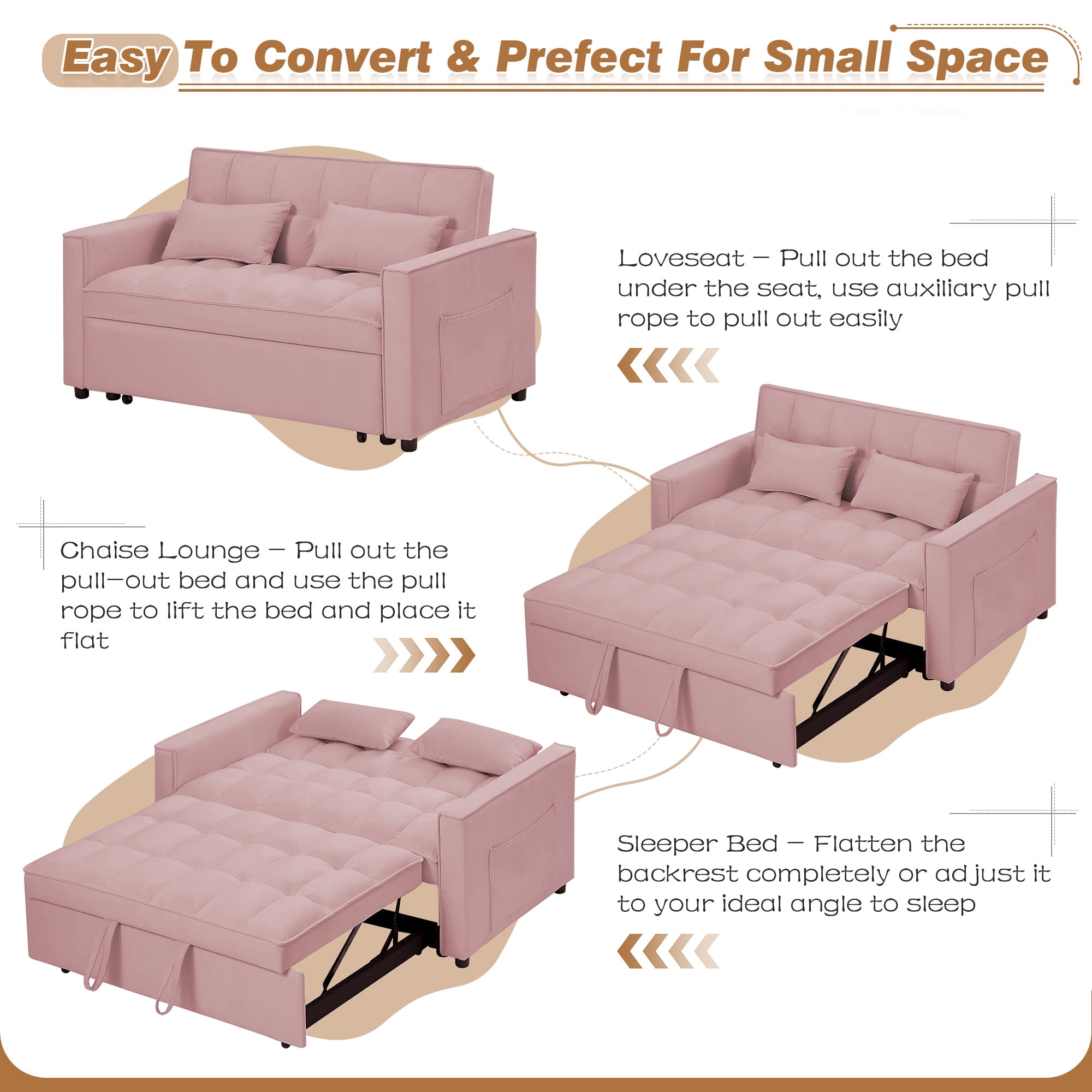Lunale 55" Convertible Loveseat Sleeper, Tufted Pull Out Sofa Bed for Living Room, Pink Velvet