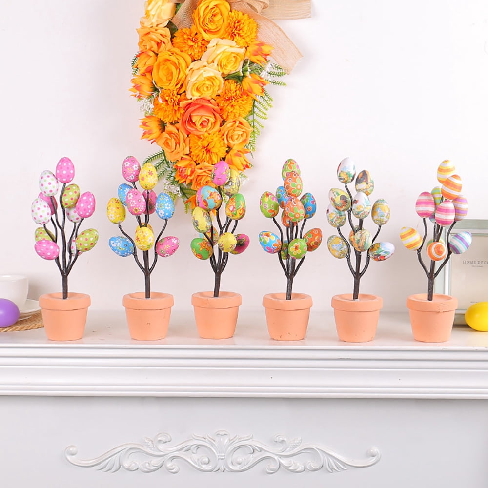 6pcs/set Easter Colorful Eggs Potted Plants Cartoon Printing Eggs Easter Desktop Decoration Decoration