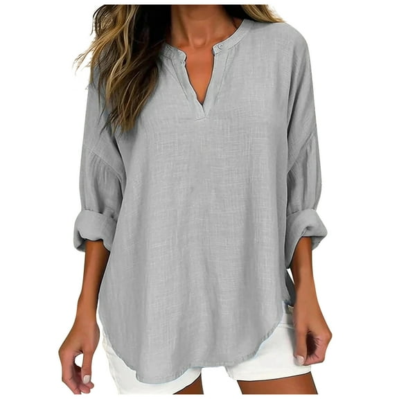 tklpehg Fall Shirts for Women 2025 V-Neck Tops Going Out Tops Fall Clothes Leisure Comfortable Womens Clothes Solid Color Long Sleeve Tops Blouses Pullover Gray M
