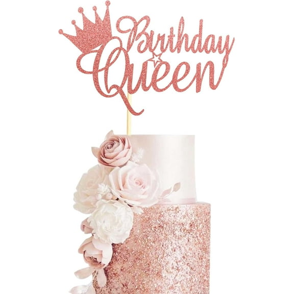 Queen Birthday Cake Topper Happy Birthday Cake Bunting Decor, Cake Picks Party Decoration Supplies for Lady Girl Women- Rose Gold Glitter