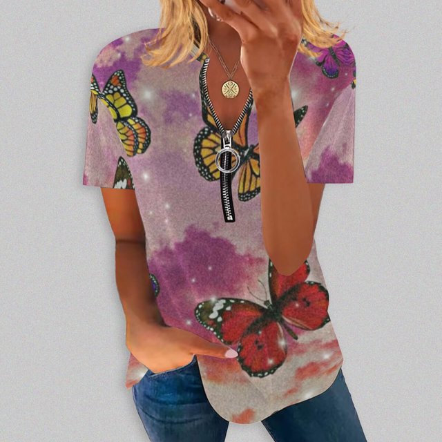Hauts d'Été Grande Taille pour Femmes Mode Décontractée Confortable Col en V Fermeture à Glissière Imprimé Manches Courtes Blouse T-Shirt Col en V Femmes en Liquidation