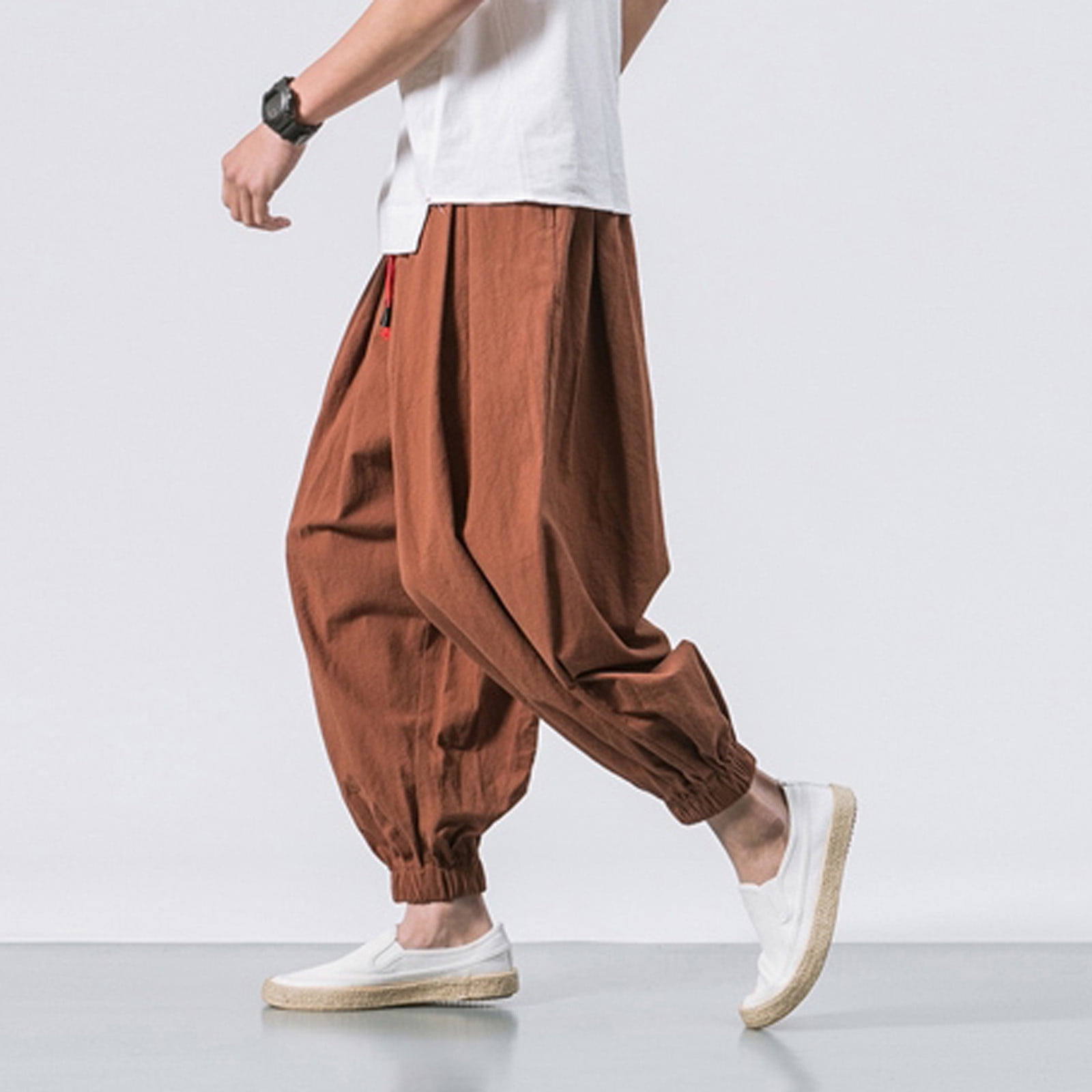 jsaierl Men's Harem Pants Cotton Linen Plus Size Pants Elastic Waist Lace Up Trousers Print Hippie Yoga Pants Comfy Workout Pants for Men
