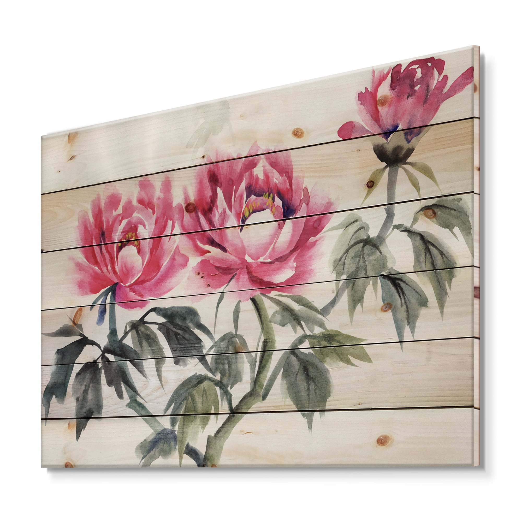 Designart 'Ancient Purple Peonies Branch' Traditional Print on Natural Pine Wood