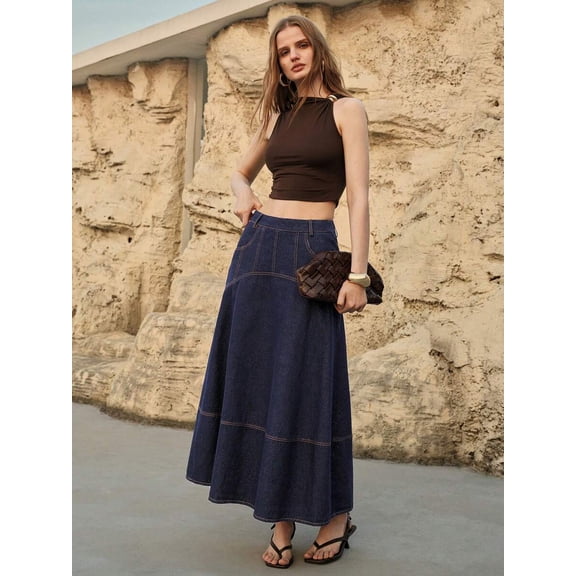 Womens Blue A-Line Denim Skirt With Slant Pockets