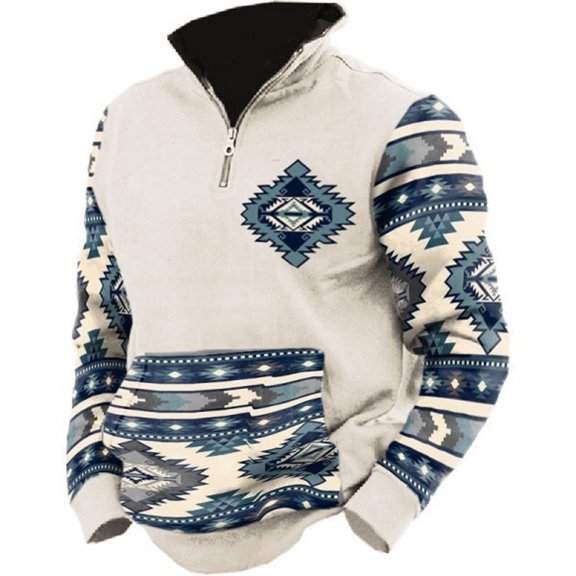 WREESH Men's Sweatshirts Quarter Zip Vintage Pattern Western Sweatshirt Long Sleeve Half Zip Pullover with Pockets Long Sleeve Lapel Top Shirt Beige
