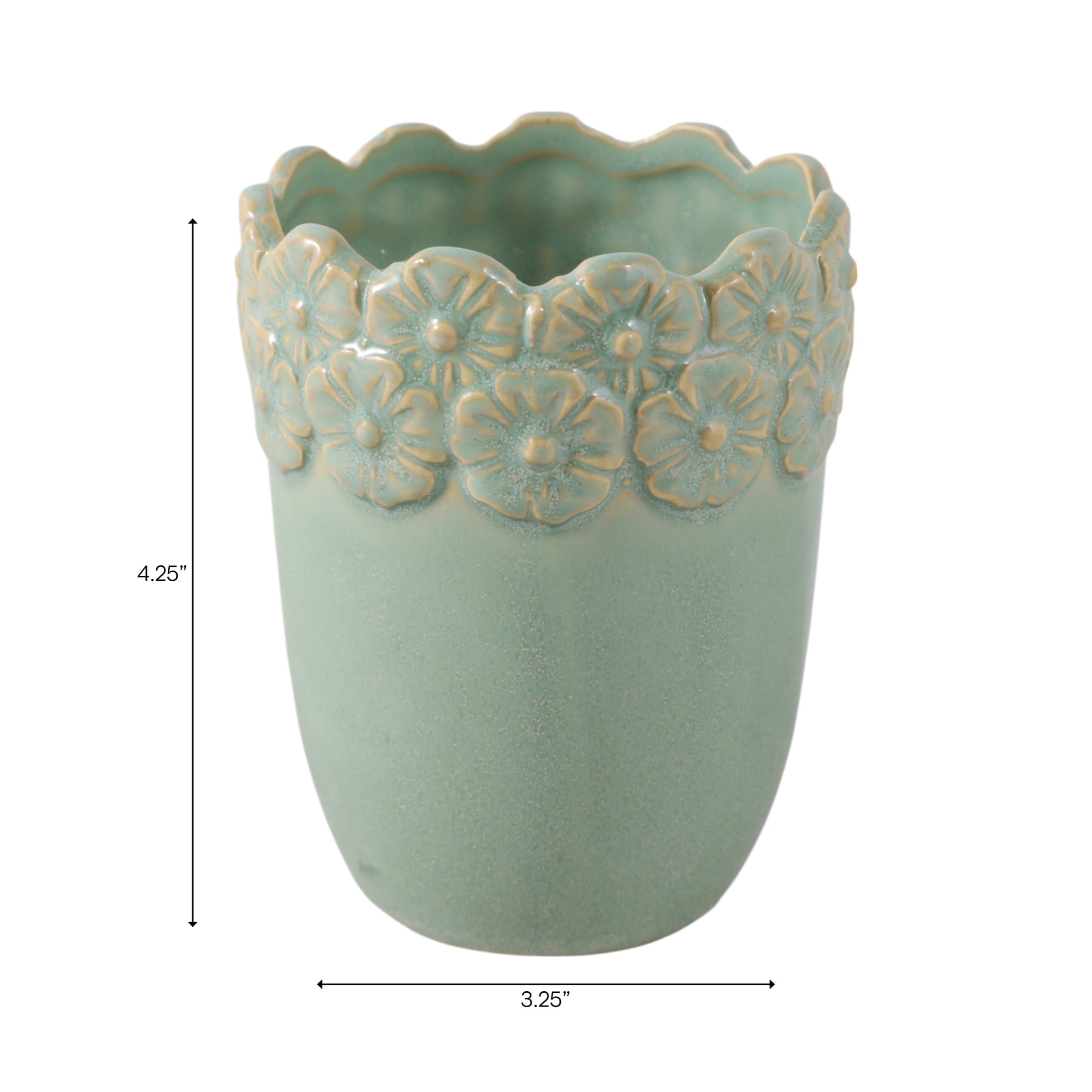 Flower and Scallop Border Ceramic Desk Organizer - Cute Desktop and Office Storage Organizer for Workspace Decor - Functional Small Desk Holder for Office Accessory and Home Decor - 4", Green