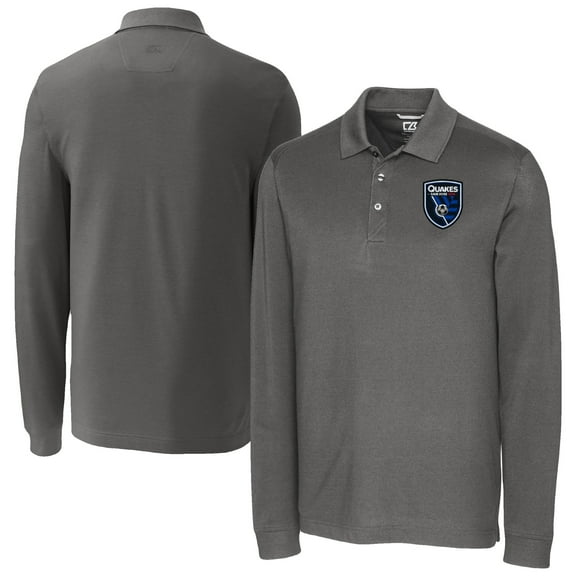 Men's-Cutter & Buck  Gray San Jose Earthquakes Big & Tall Advantage Eco Tri-Blend Pique Long Sleeve Polo