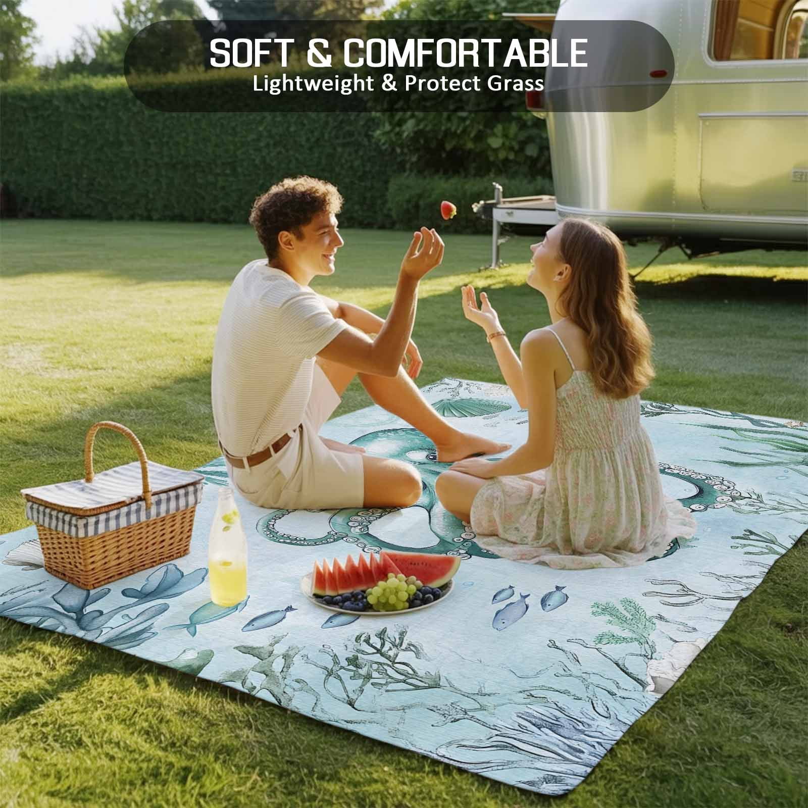 Fsddascl Coastal Octopus Outdoor Rug for Patio/Deck/Porch, Non-Slip Large Area Rug 5 x 8 Ft, Cyan Nautical Fish Shells Seaweeds Indoor Outdoor Rugs Washable Area Rugs, Reversible Camping Rug Carpet