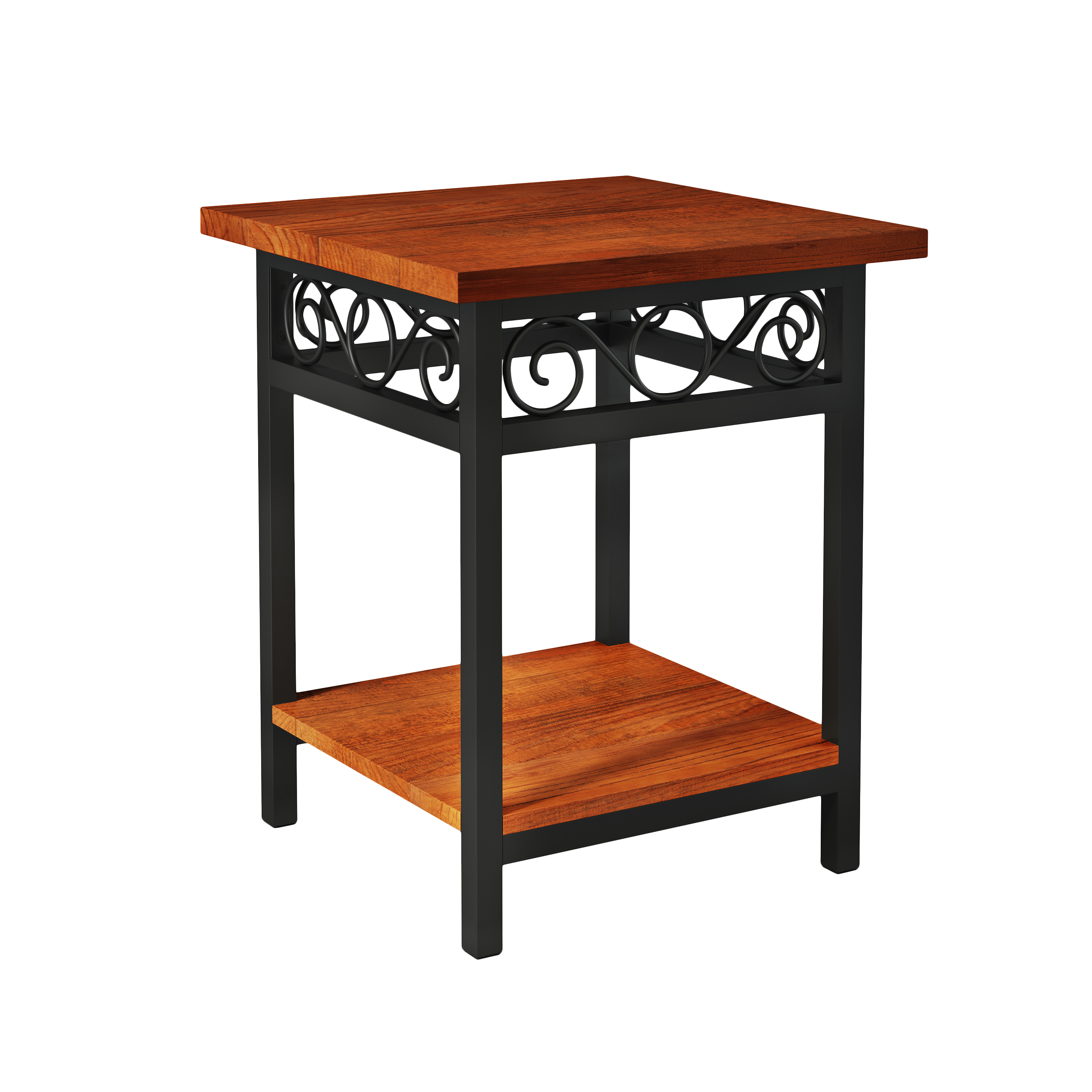 Whitby Chestnut Wood and Metal Scroll End Table