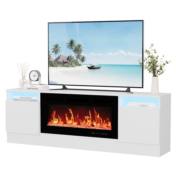 Meuble Télé Moderne en Bois Gris de 70 Pouces, Convient aux Salons - Éclairage DEL, Armoires de Rangement et Étagères Ouvertes, Peut Accueillir des Téléviseurs jusqu'à 75 Pouces et des Foyers Électriques de 36 Pouces