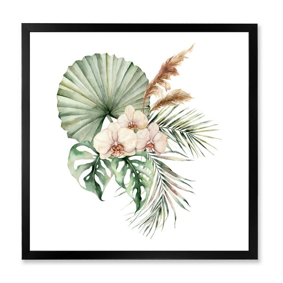 Designart 'Tropical Bouquet With Palm Orchids Leaves' Traditional Framed Art Print