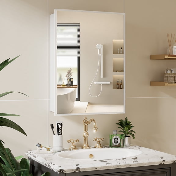 16" x 22" Bathroom Mirror Medicine Cabinet, Rustproof Aluminum Wall Storage, No Assembly, Cream White