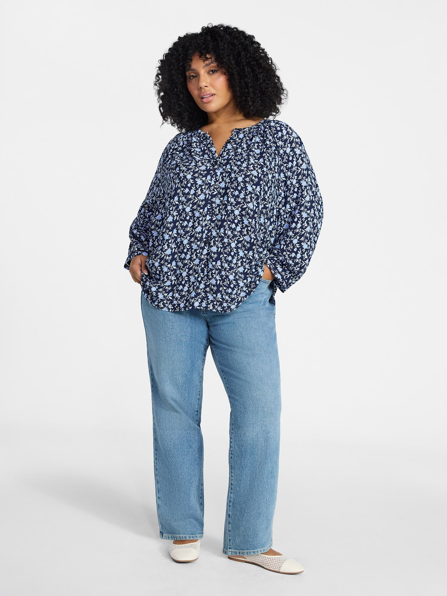 Terra & Sky Women's Plus Size Button Blouse with 3/4-Length Sleeves, Sizes 0X-5X