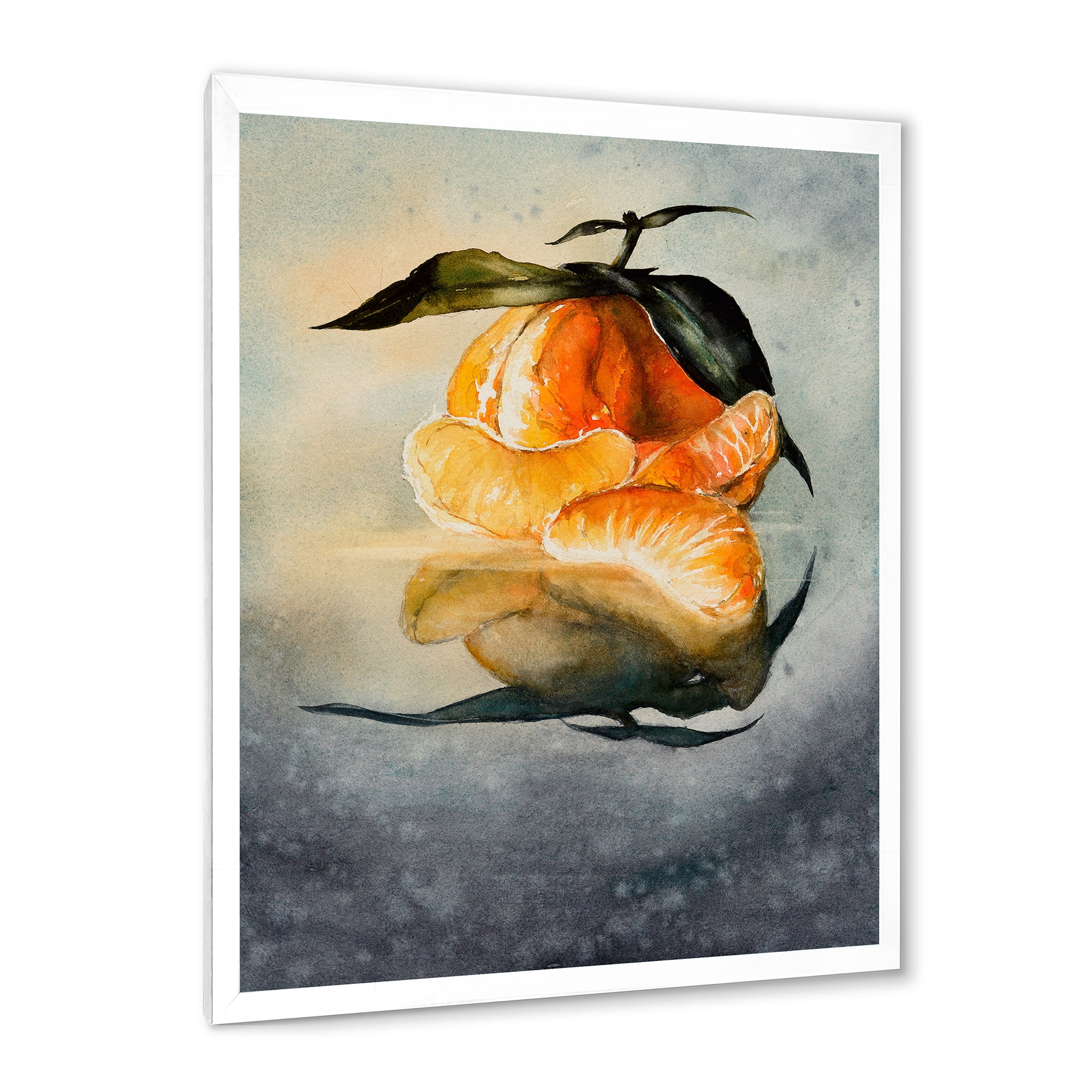 Designart 'One Peeled Fresh Orange Mandarin Under Green Leaves' Traditional Framed Art Print