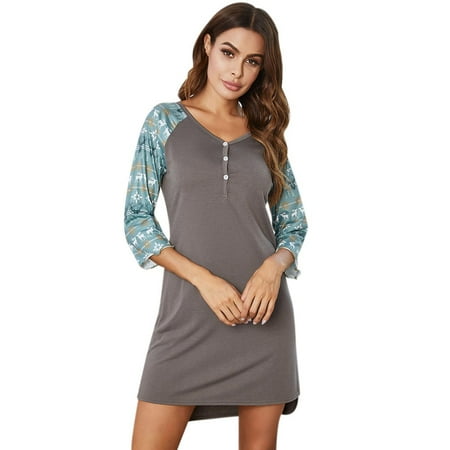 

Women Nightgowns Dress Stitching Nightdress Slim Home Service v-Neck Long-Sleeved Nightdresses Deep gray S