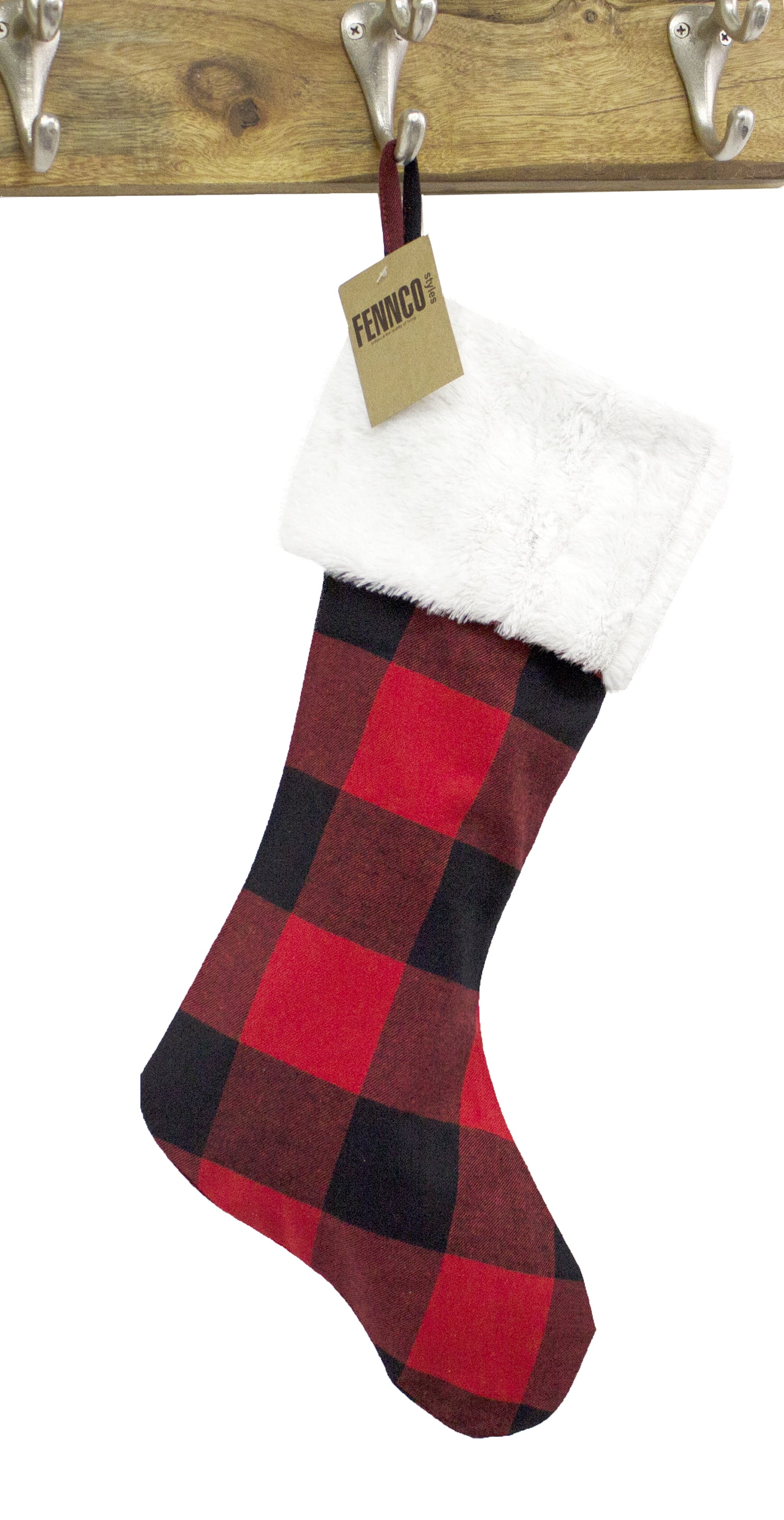 White faux fur stocking with blue flower