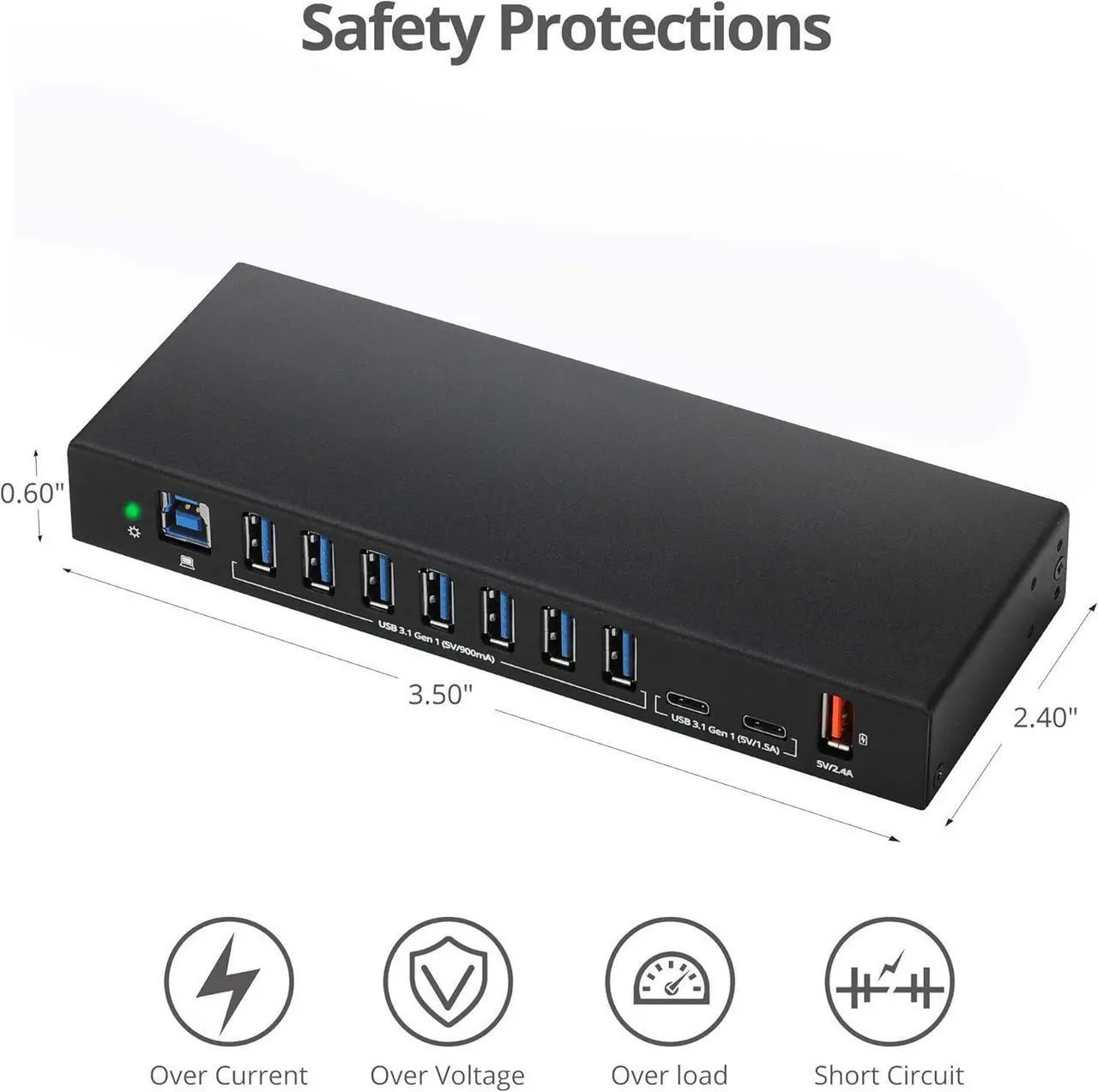 Industrial Powered USB C & USB 3.1 Hub, Splitter, 10 Port, Powered Multiport Hub Expander for Desktop, Laptop, Tablets, Cellphone, External HD, Keyboard and Mouse