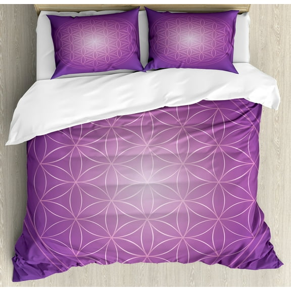 Abstract Duvet Cover Set, Flower of Life in Vibrant Psychedelic Tones Love Soul Display, Decorative 3 Piece Bedding Set with 2 Pillow Shams, Calking Size, Fuchsia Purple, by Ambesonne