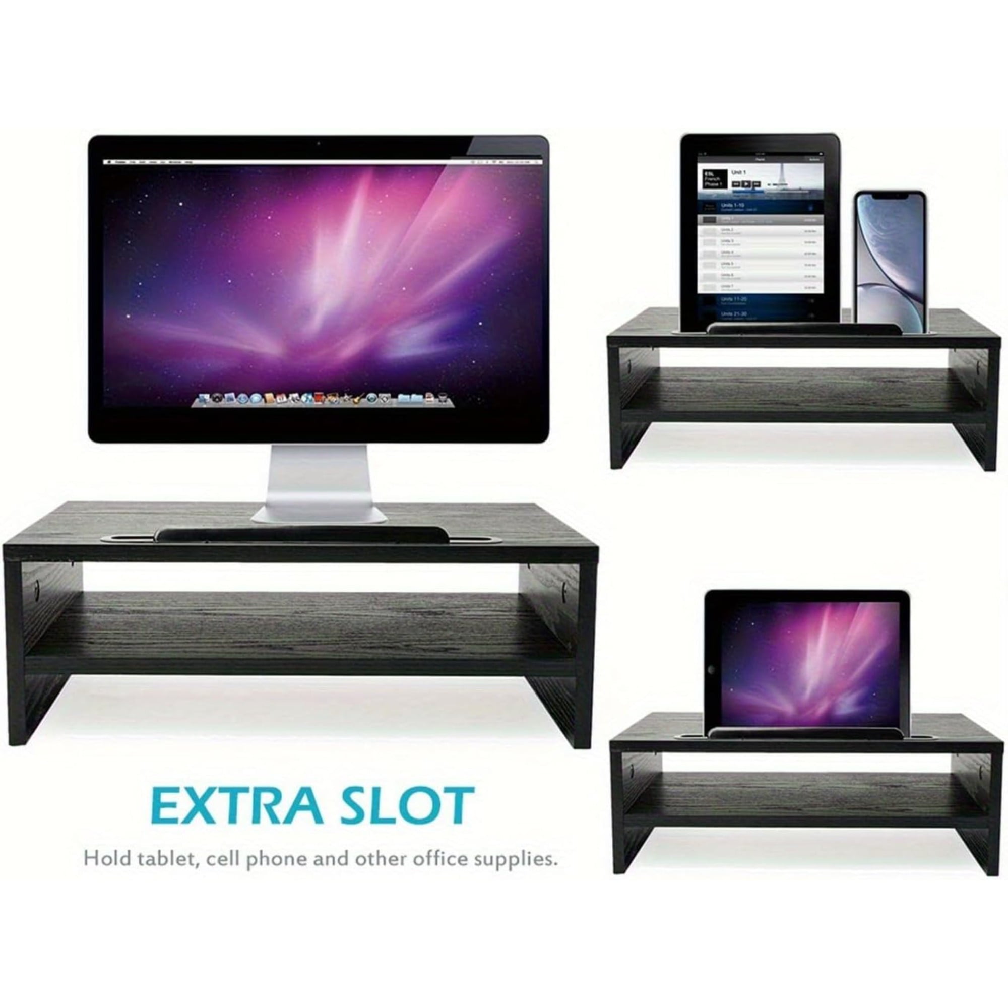 JEZWX Computer Monitor Stand Riser - 2-Tier Desk Shelf with Storage Organizer with Cellphone Holder, Black, 15.7 inch