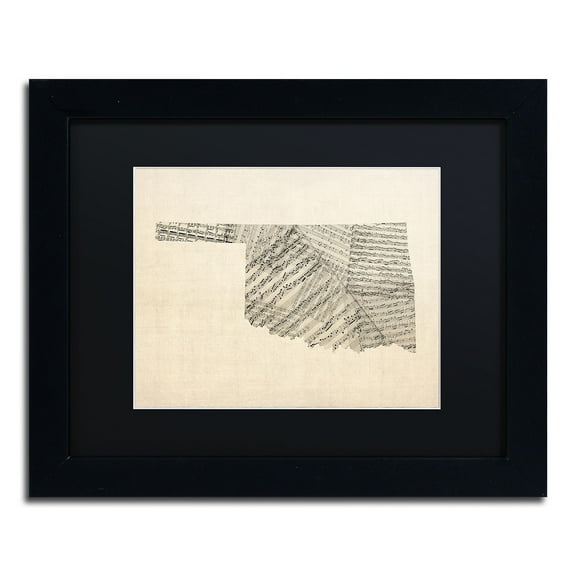 Trademark Fine Art "Old Sheet Music Map of Oklahoma" Canvas Art by Michael Tompsett Black Matte, Black Frame