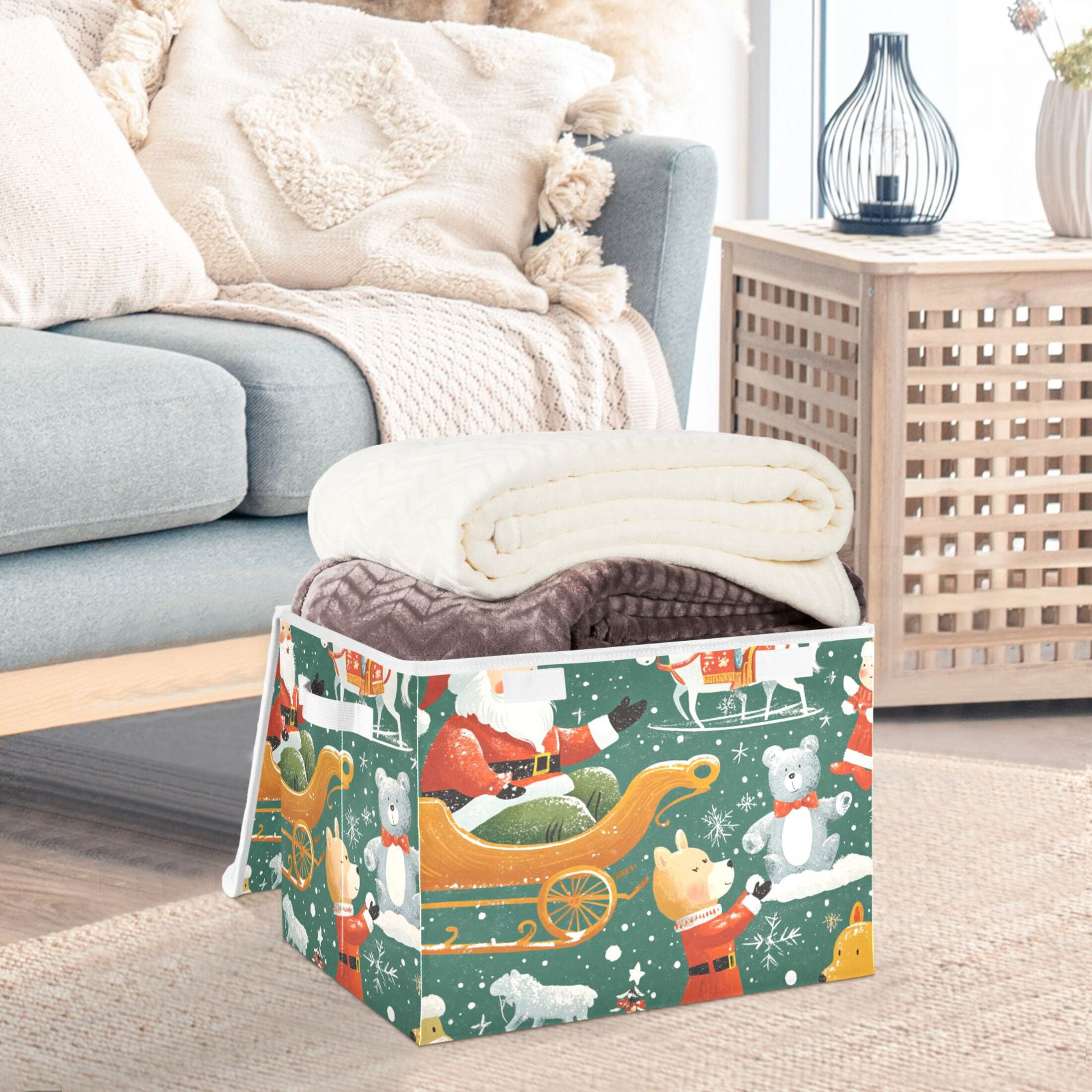Cartoon Christmas Pictures Large Storage Bins with Linen Collapsible Lid Storage Box 16.7 x 12.6 x 11.8in