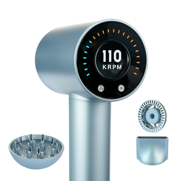 KFFKFF Fast Hair Dryer featuring a 105,000RPM Brushless Motor, generates 200 Million Negative Ions, offers 4 Temperature Settings & 3 Speeds, includes an LCD Display for Heat Monitoring