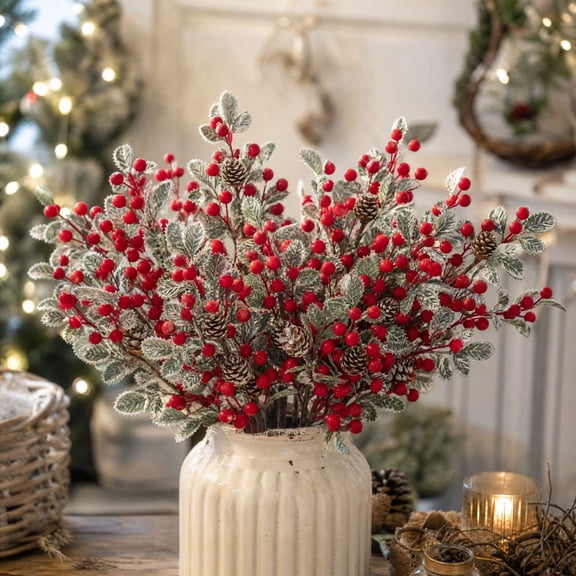 Trovenix Christmas Frosted Berry Picks, Artificial Winter Floral Stems with Red Berries, for Vase Arrangement Wreath Table Centerpiece, Home Xmas Decoration
