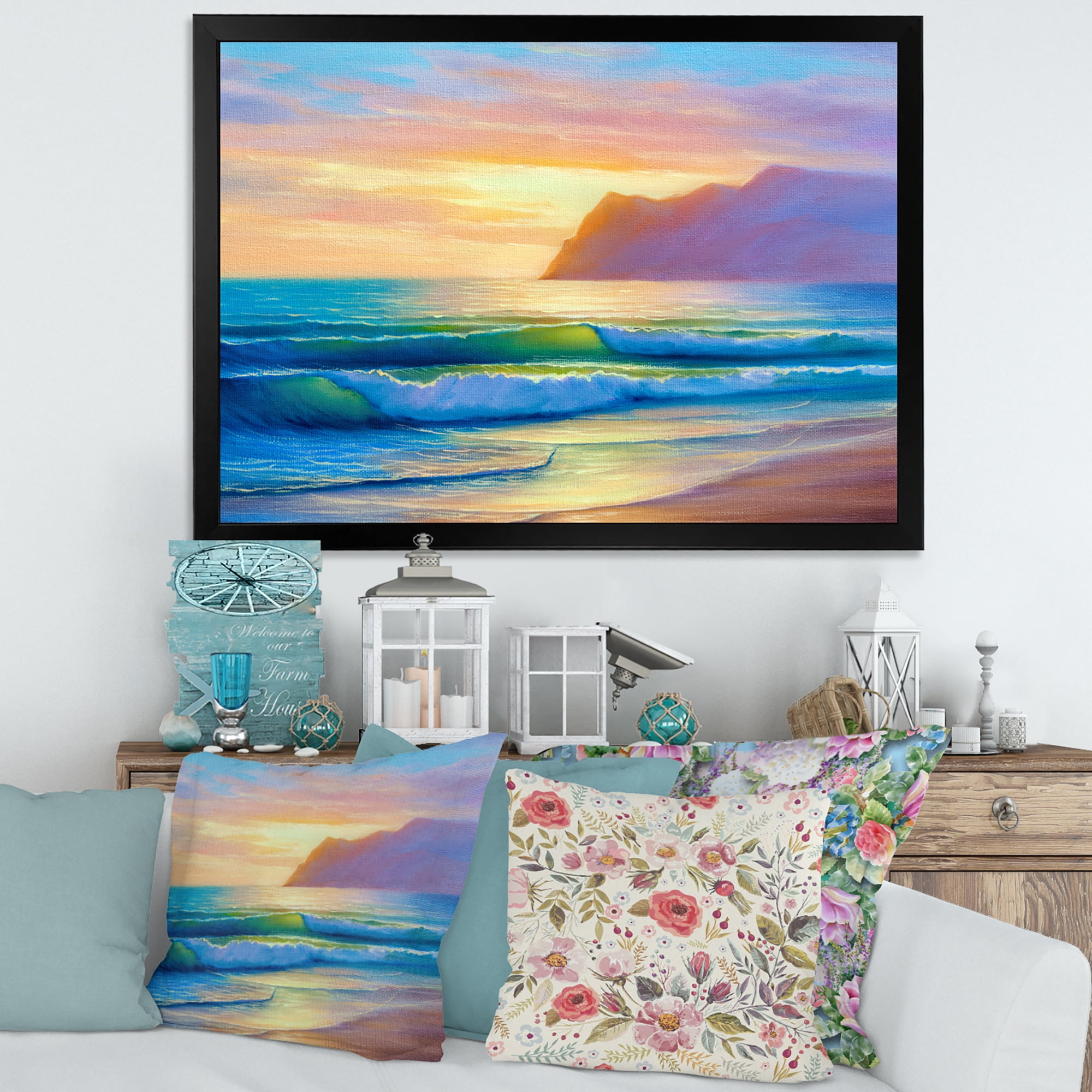 Designart 'Sunrise Glow On The Sea Waves IV' Nautical & Coastal Framed Art Print