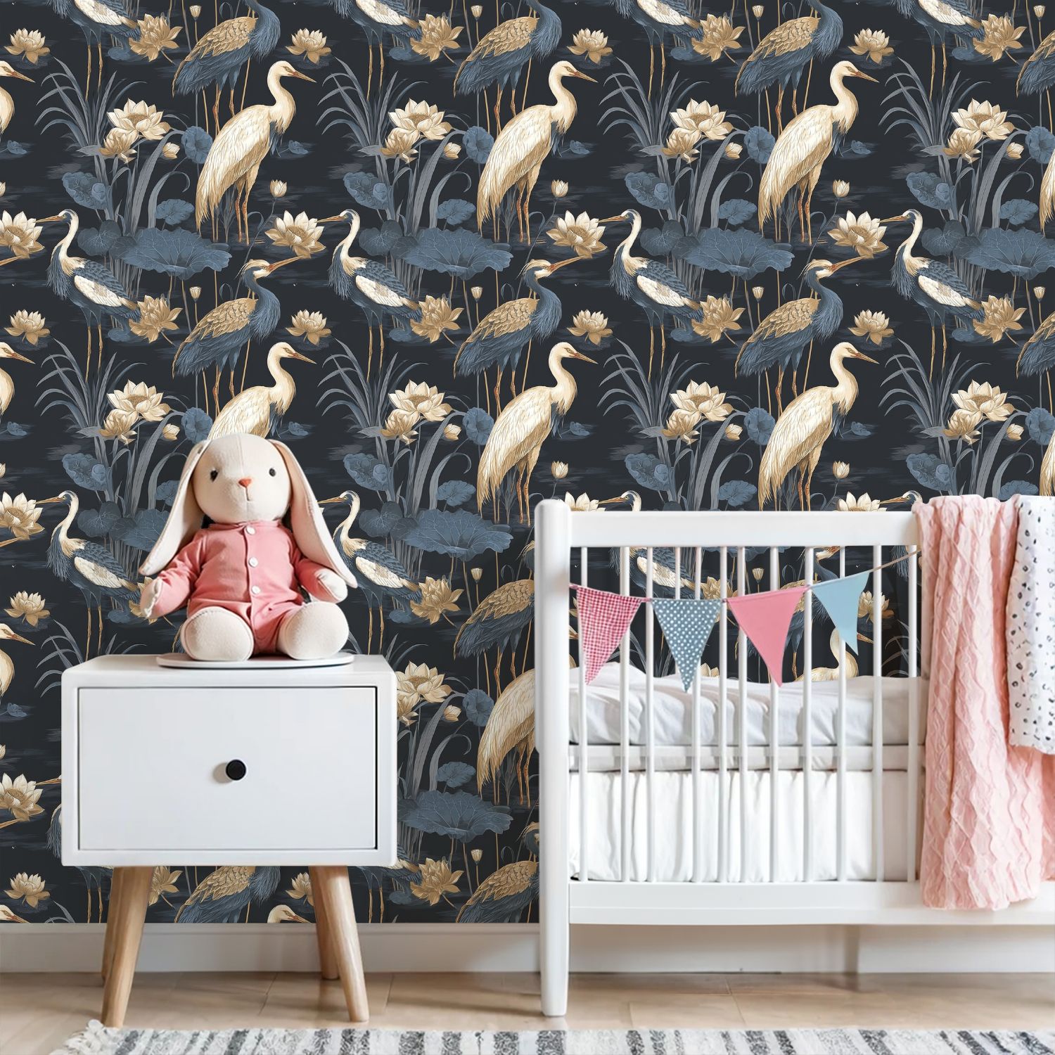 Peel and Stick Wallpaper 23.6in x 9.8ft Elegant Crane Birds Lotus Flowers Soft Gold Blue Floral Contact Paper Vinyl Self-Adhesive Removable Wall Paper for Bedroom Kitchen Cabinet Renter Friendly