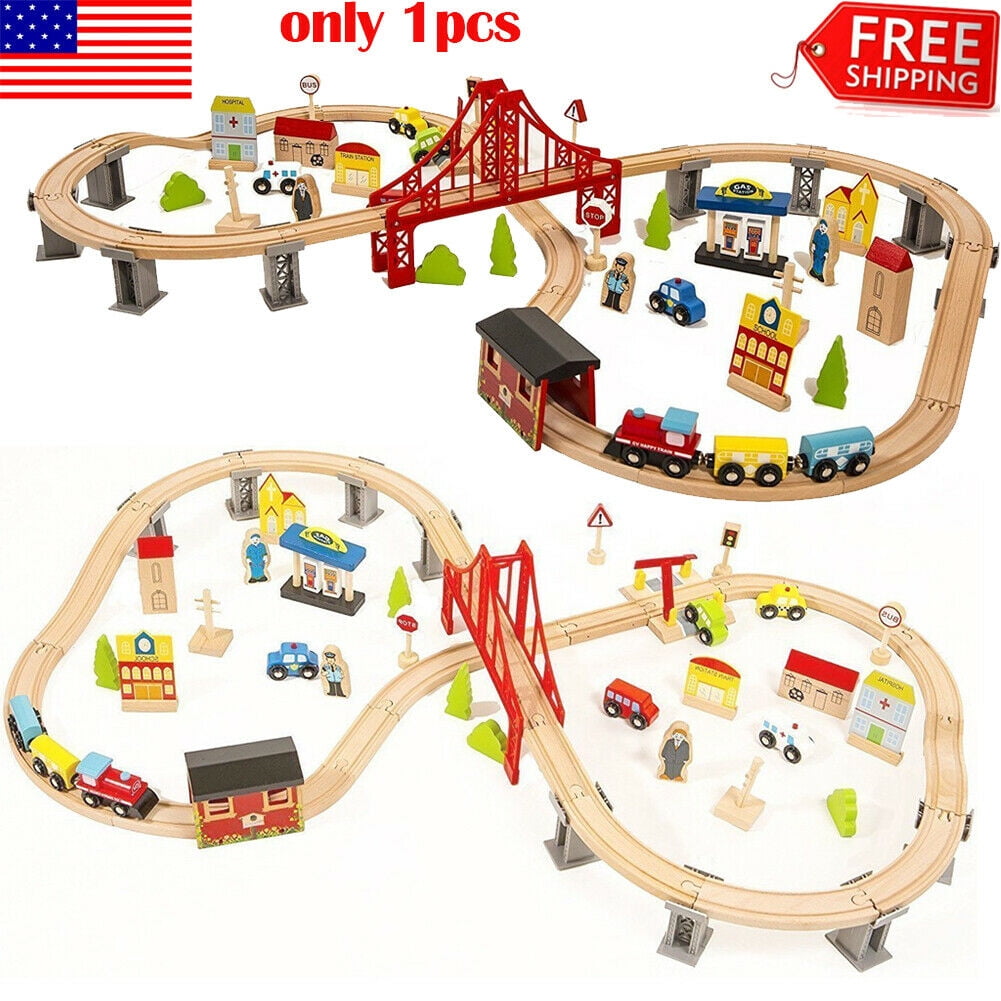 70 Pieces Hand Crafted Wooden Train Set Crossing Railway Track Kids Toy Play Set 