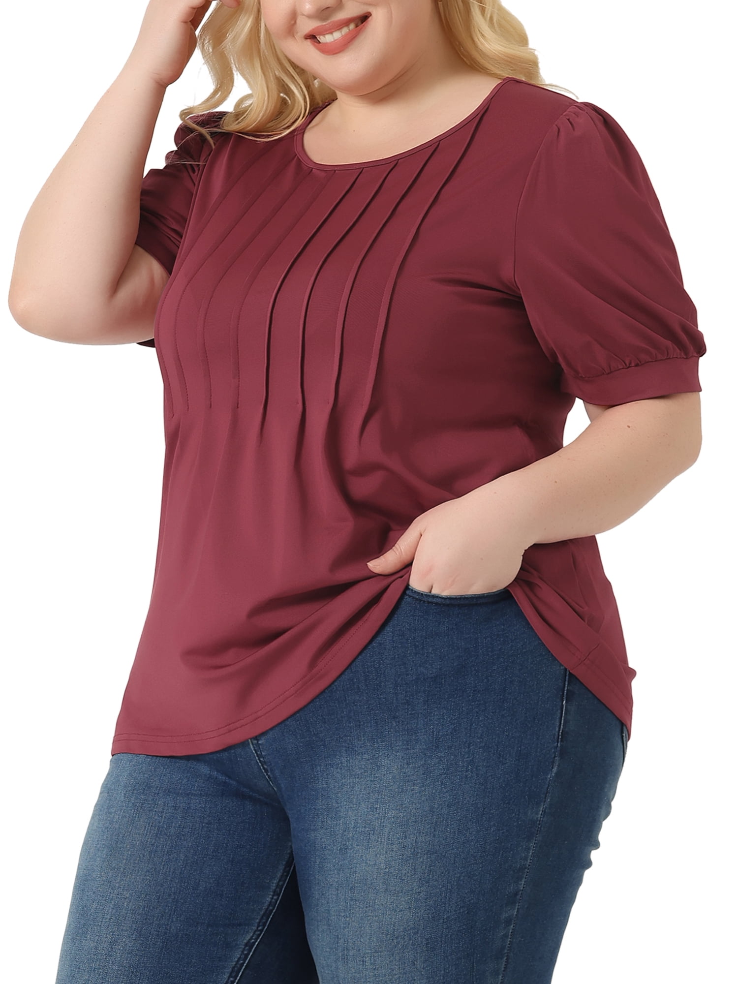 Women's Plus Top Puff Short Sleeve Tops Crew Neck Pleated Shirts Tunic Blouses 4X Burgundy
