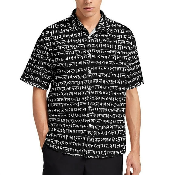 Ancient Indian Script Black White Men's Shirt Short Sleeves Printed Button Down Summer Shirts